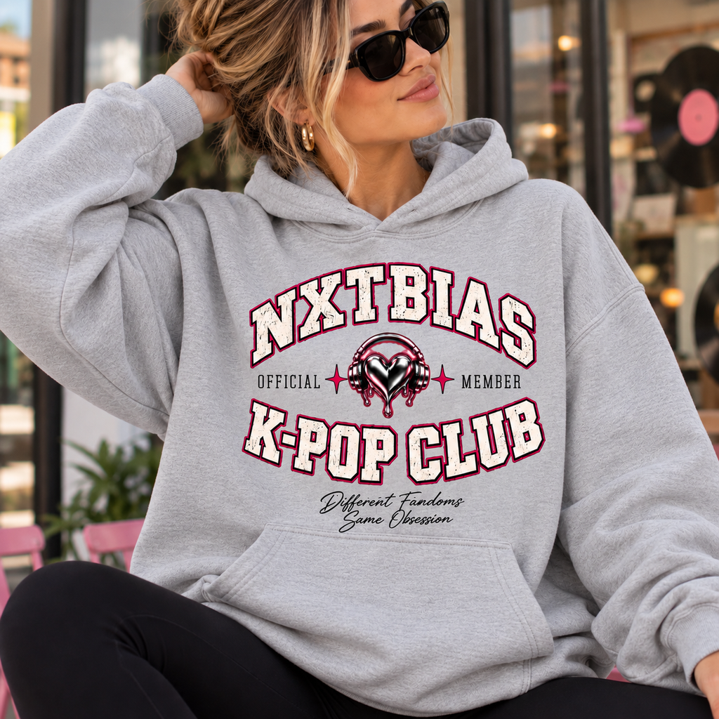 Woman wearing heather gray NXTBIAS Official K-Pop Club Member hoodie