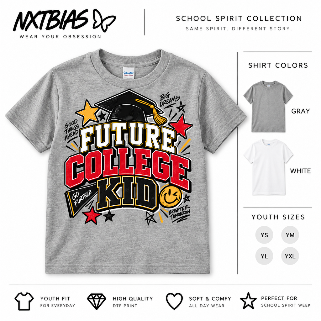 Future College Kid spirit week T-shirt for kids and adults in gray and white by NXTBIAS