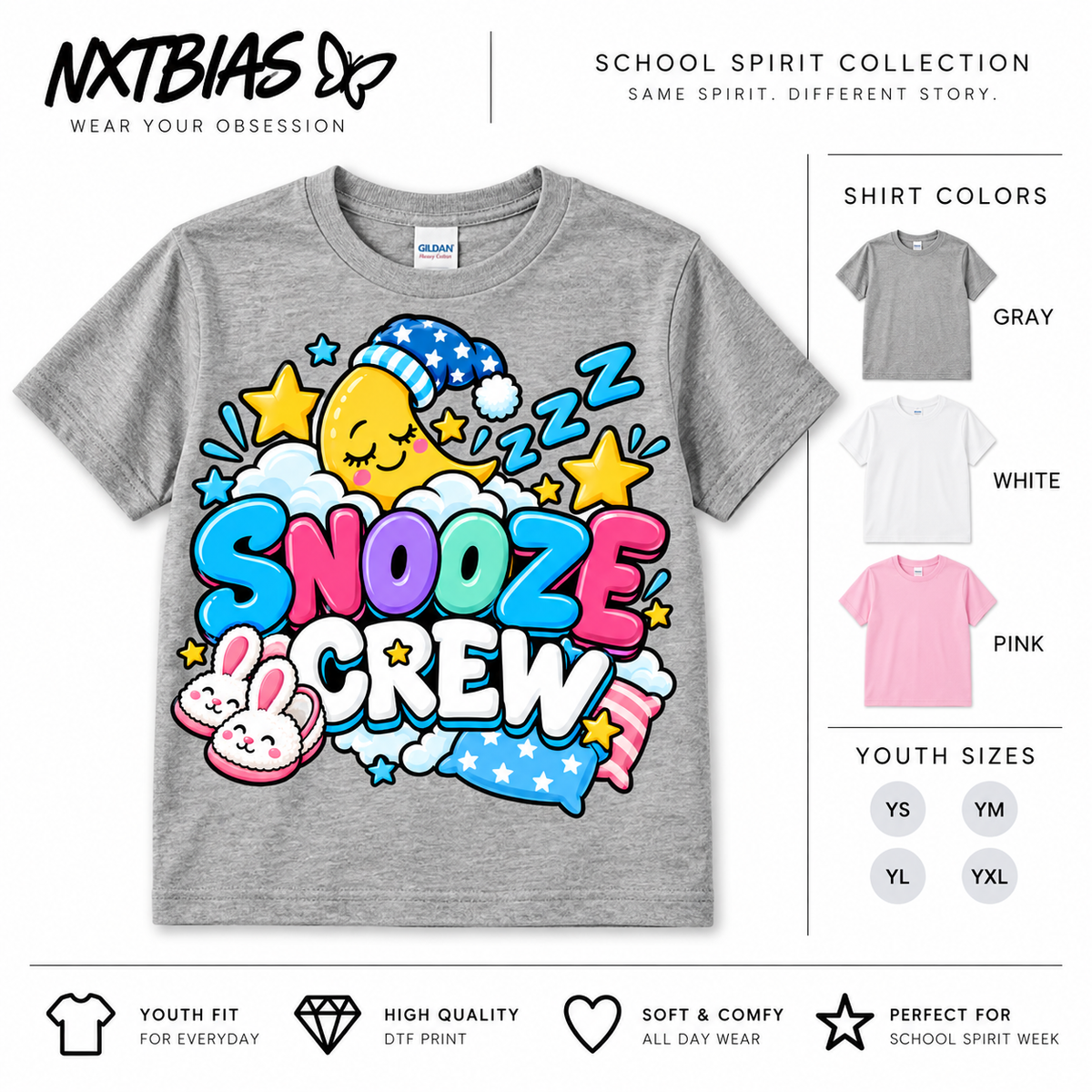 Snooze Crew pajama day spirit week T-shirt for kids and adults in gray, white and pink by NXTBIAS