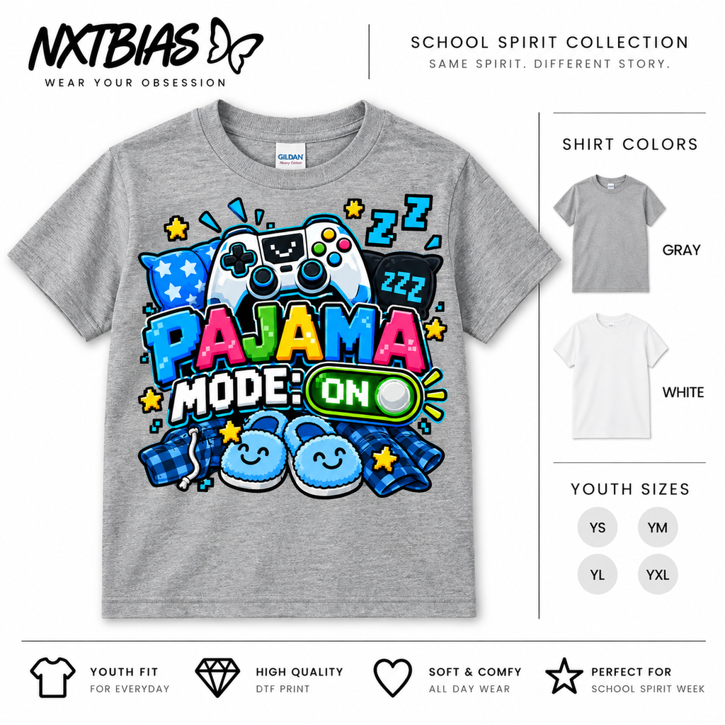 Pajama Mode On pajama day spirit week T-shirt for kids and adults in gray and white by NXTBIAS