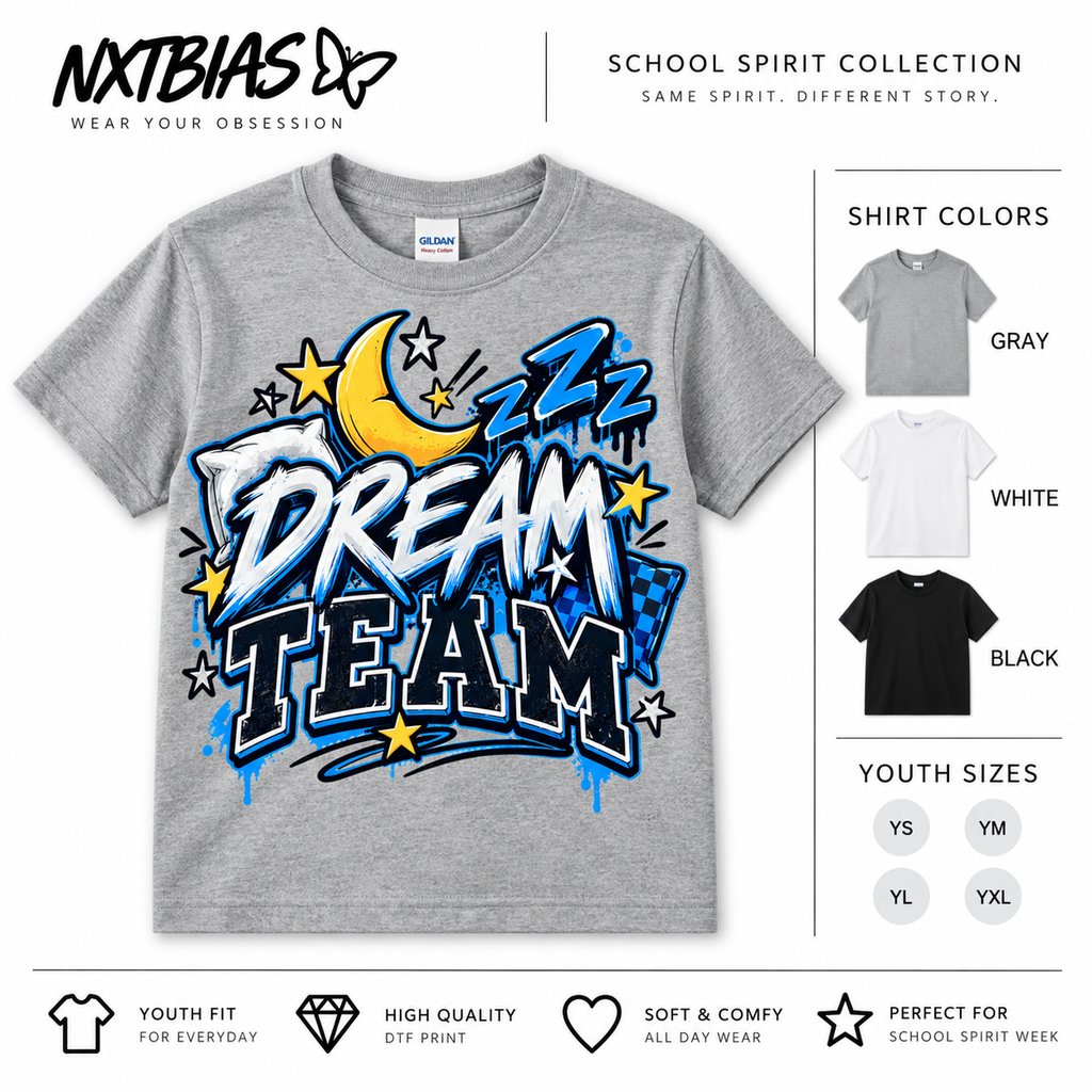 Dream Team pajama day spirit week T-shirt for kids and adults in gray, white and black by NXTBIAS