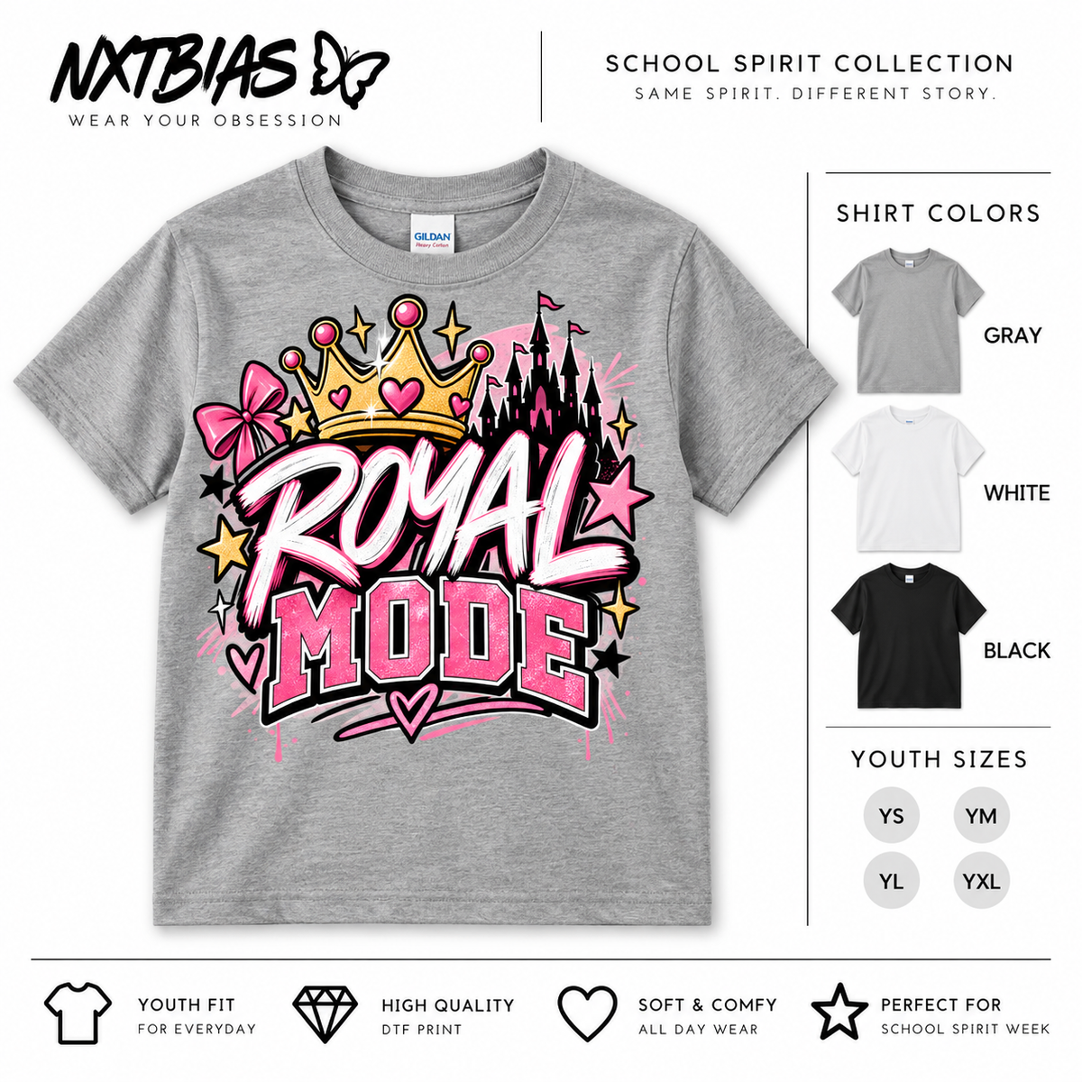 Royal Mode spirit week T-shirt for kids and adults in gray, white and black by NXTBIAS