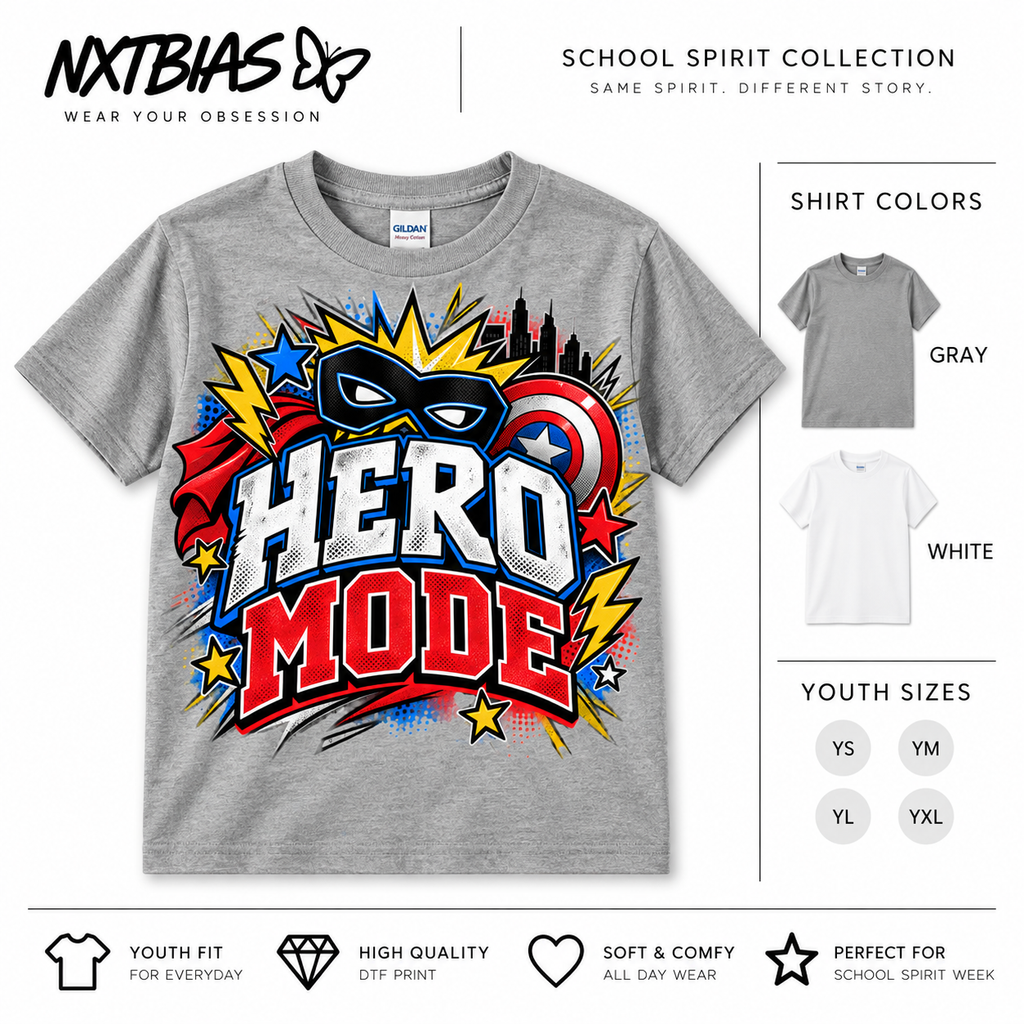 Hero Mode superhero day spirit week T-shirt for kids and adults in gray and white by NXTBIAS