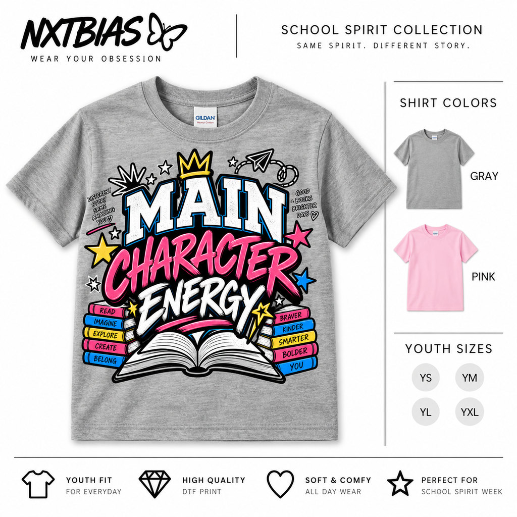 Main Character Energy spirit week T-shirt for kids and adults in gray and pink by NXTBIAS