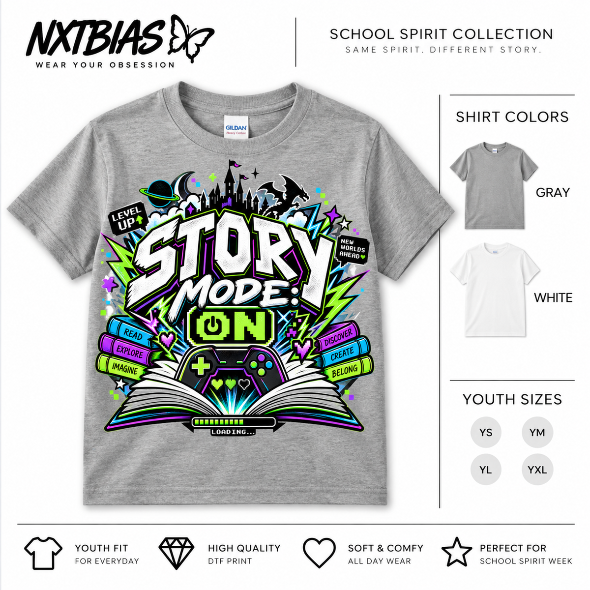 Story Mode On reading day spirit week T-shirt for kids and adults in gray and white by NXTBIAS