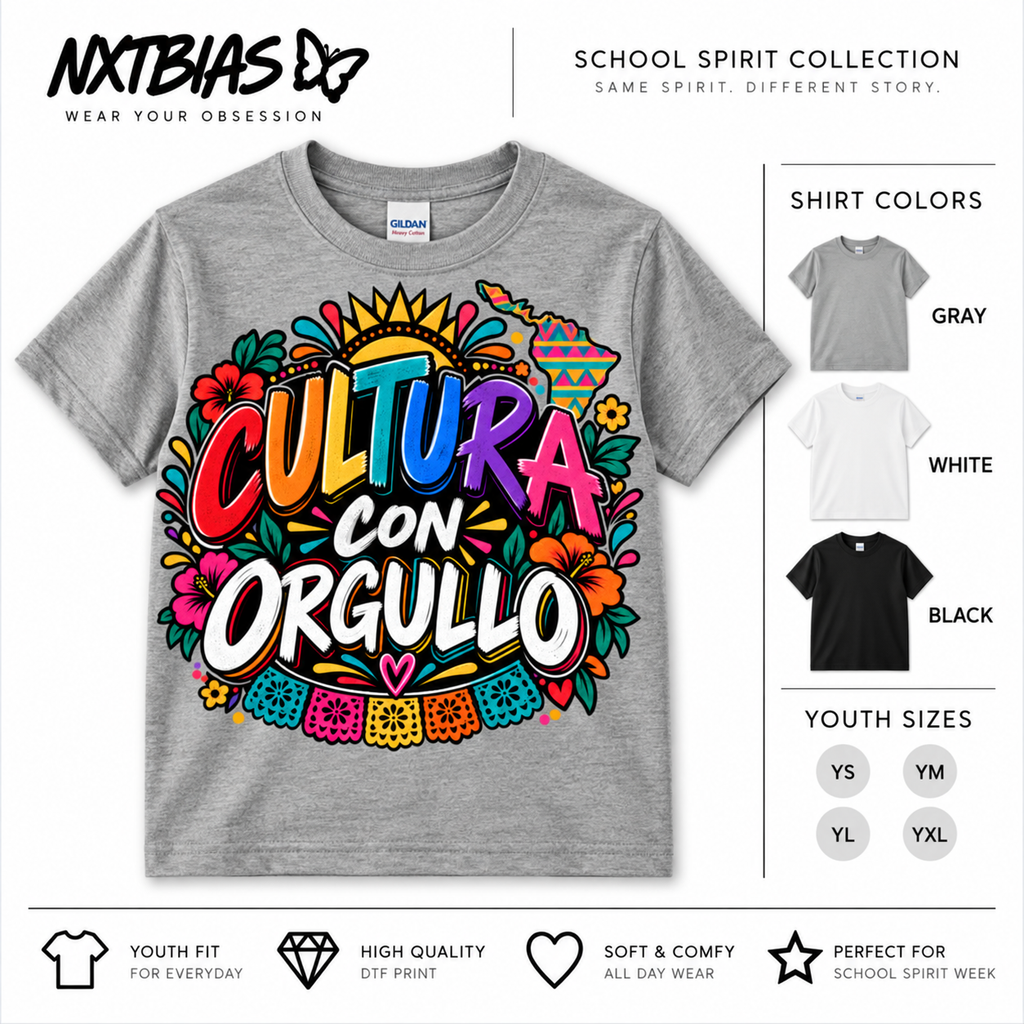 Cultura Con Orgullo Hispanic Heritage spirit week T-shirt for kids and adults in gray, white and black by NXTBIAS