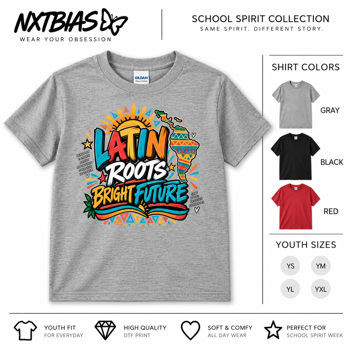 Latin Roots Bright Future Hispanic Heritage T-shirt for kids and adults in gray, black and red by NXTBIAS