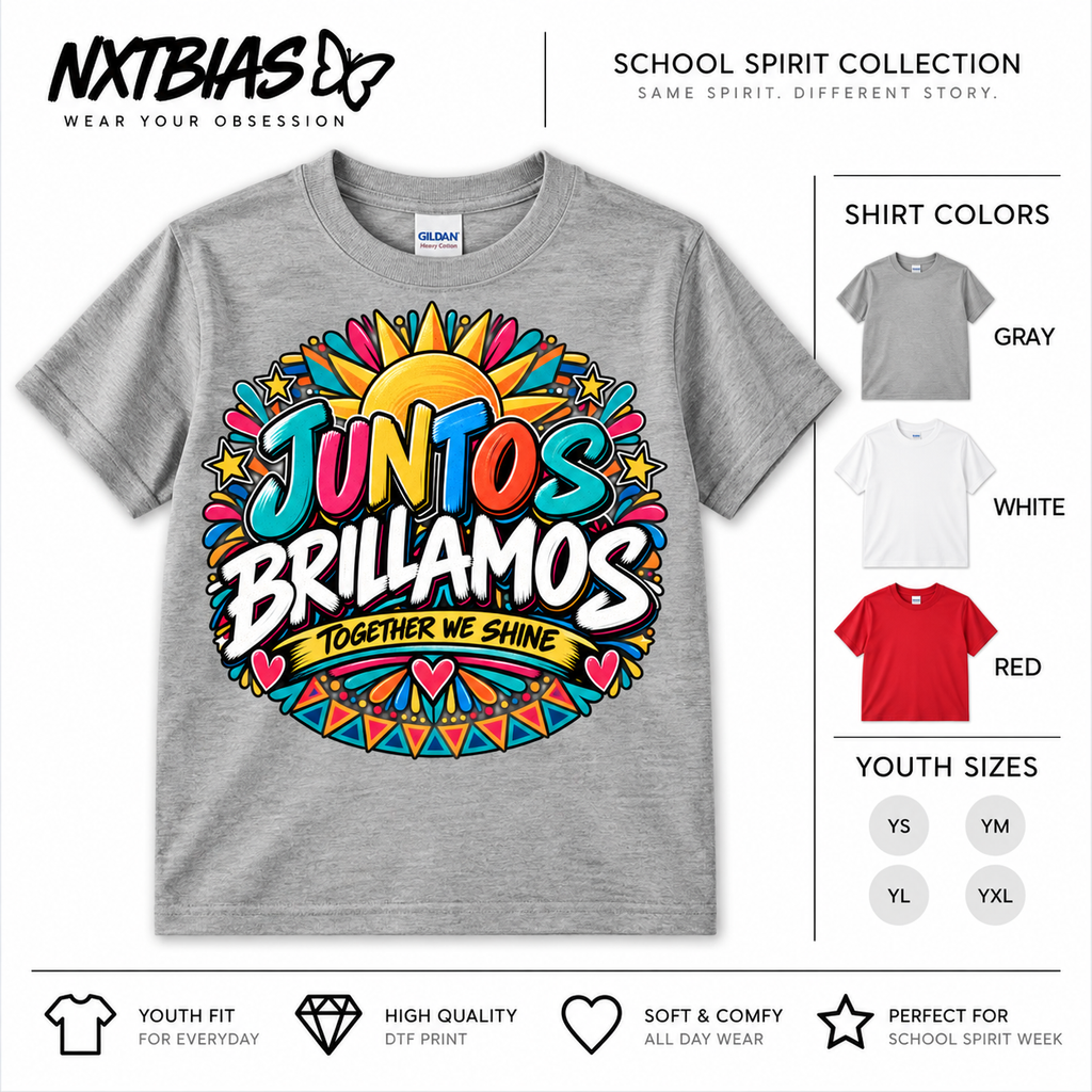 Juntos Brillamos Together We Shine Hispanic Heritage T-shirt for kids and adults in gray, white and red by NXTBIAS