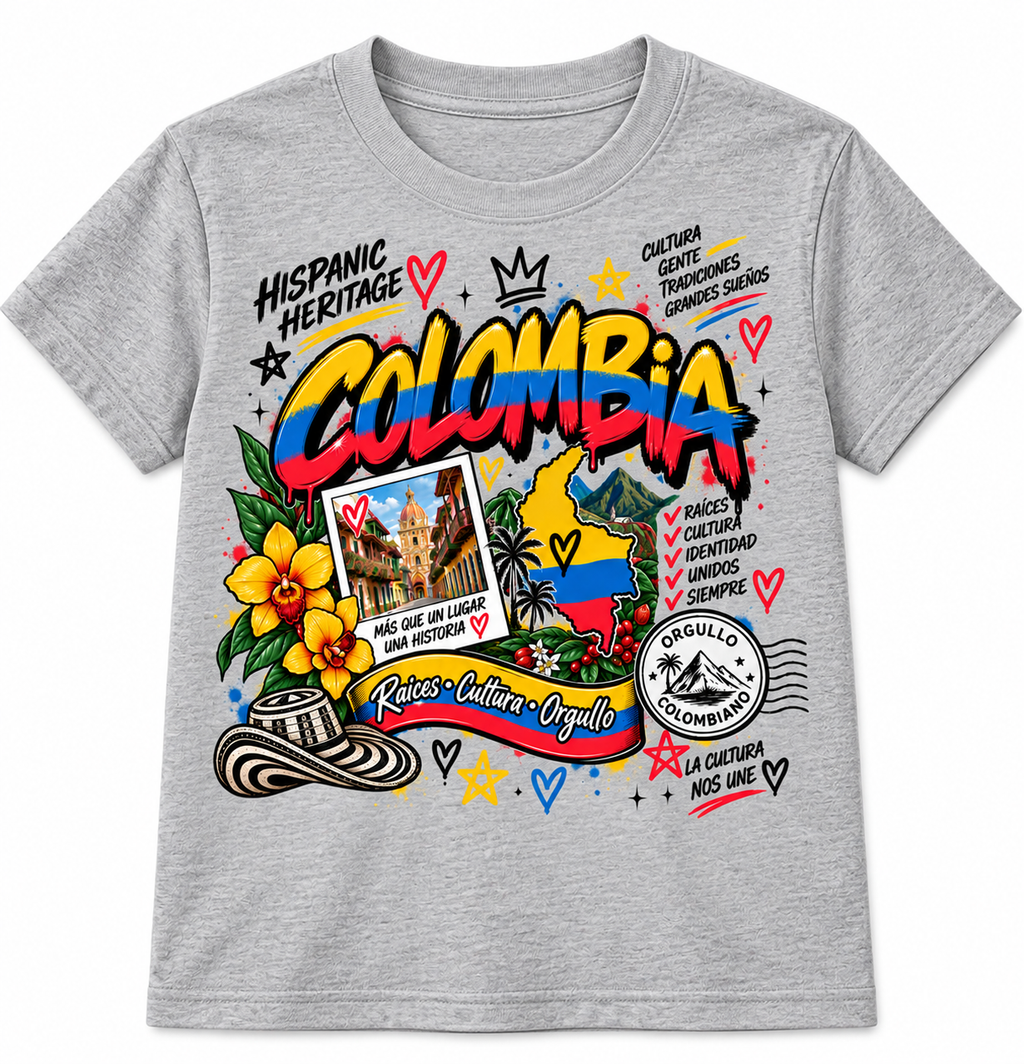 Colombia Hispanic Heritage T-shirt for youth and adults in gray by NXTBIAS