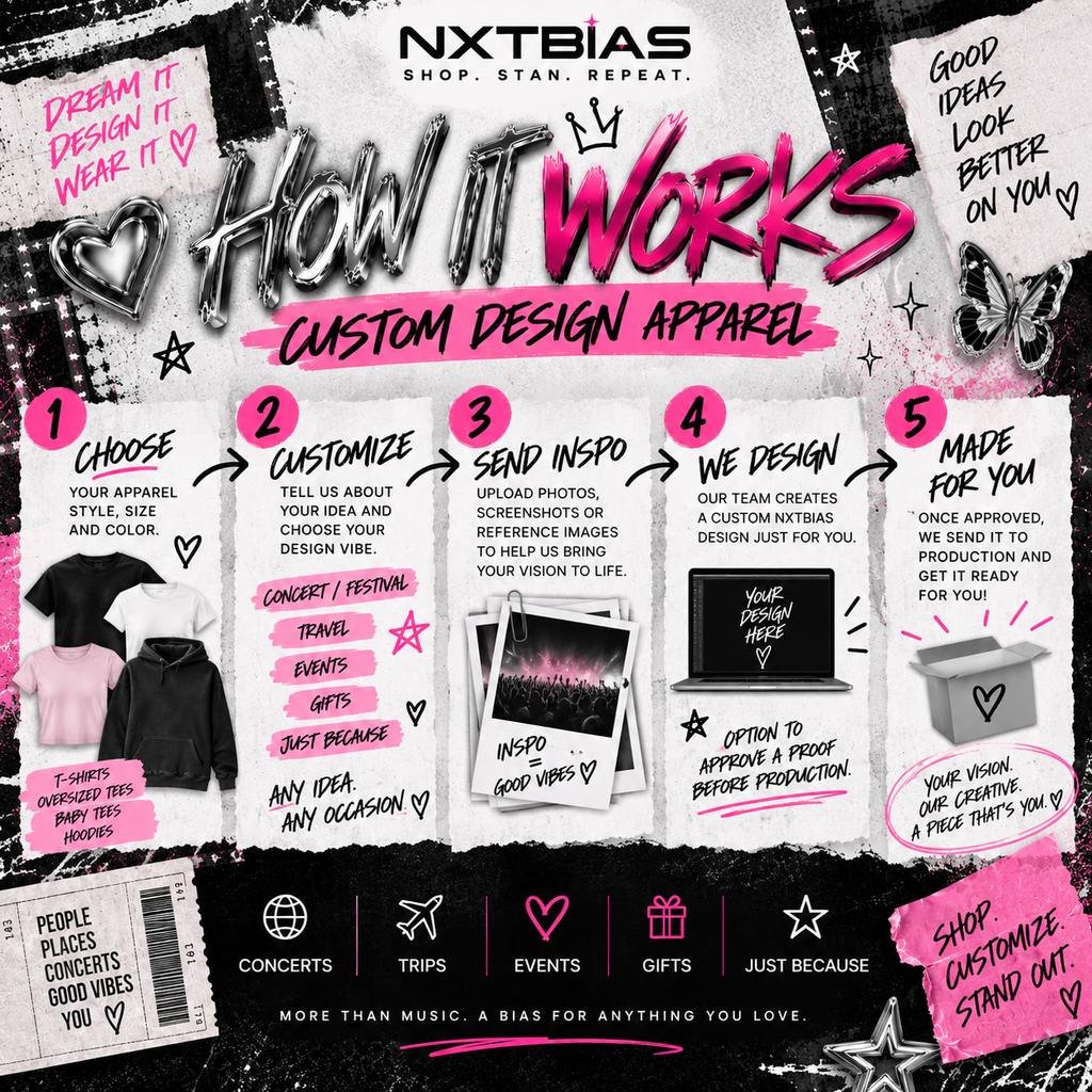 How NXTBIAS custom apparel works from choosing your clothing and design vibe to uploading inspiration, approving a proof and production