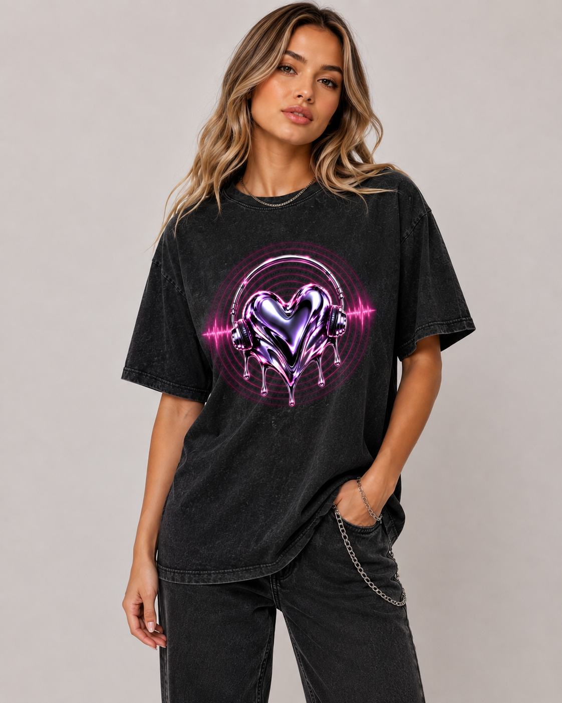 Model wearing Music Is Life oversized black graphic tee with snow-washed vintage finish