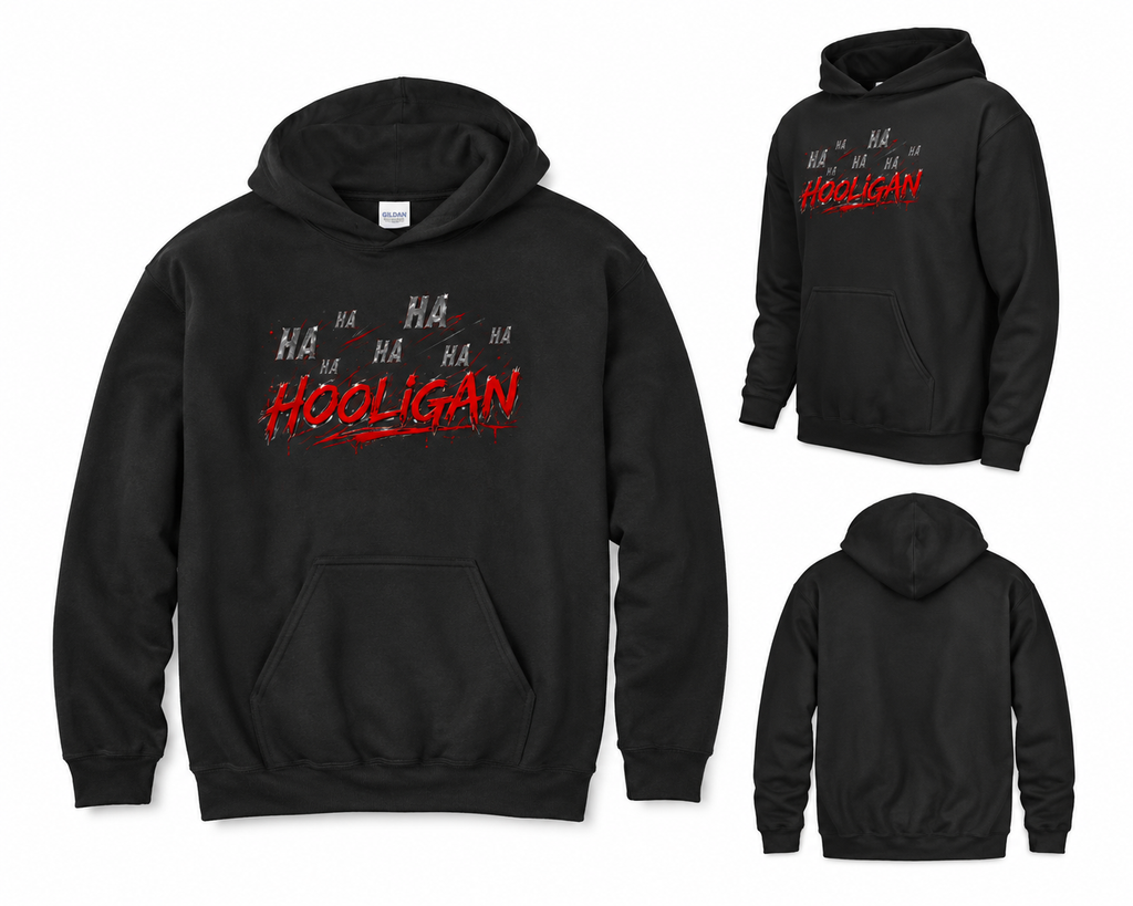 Black Hooligan graphic hoodie showing front and back views

