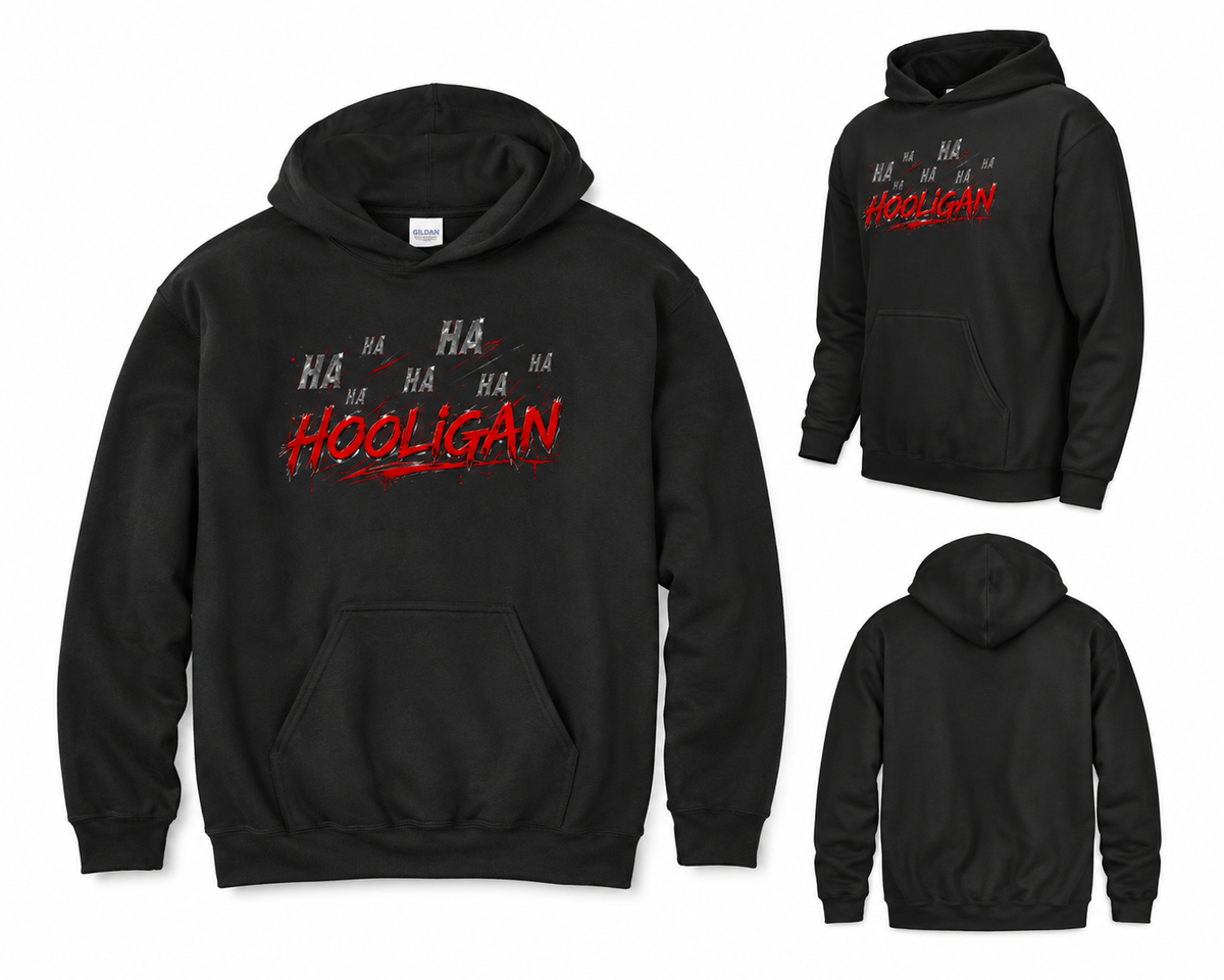 Black Hooligan graphic hoodie showing front and back views
