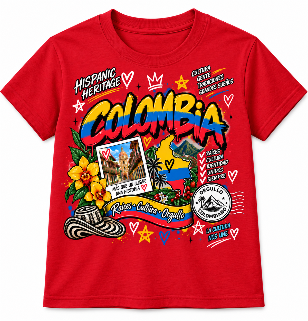 Colombia Hispanic Heritage T-shirt for youth and adults in red by NXTBIAS