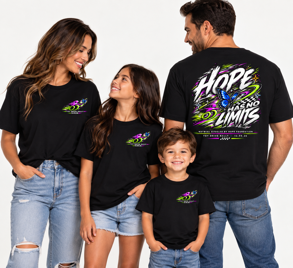 Family wearing black NXTBIAS x Fueled By Hope Foundation Toy Drive Rally 2026 T-shirts featuring front chest and back graphics.