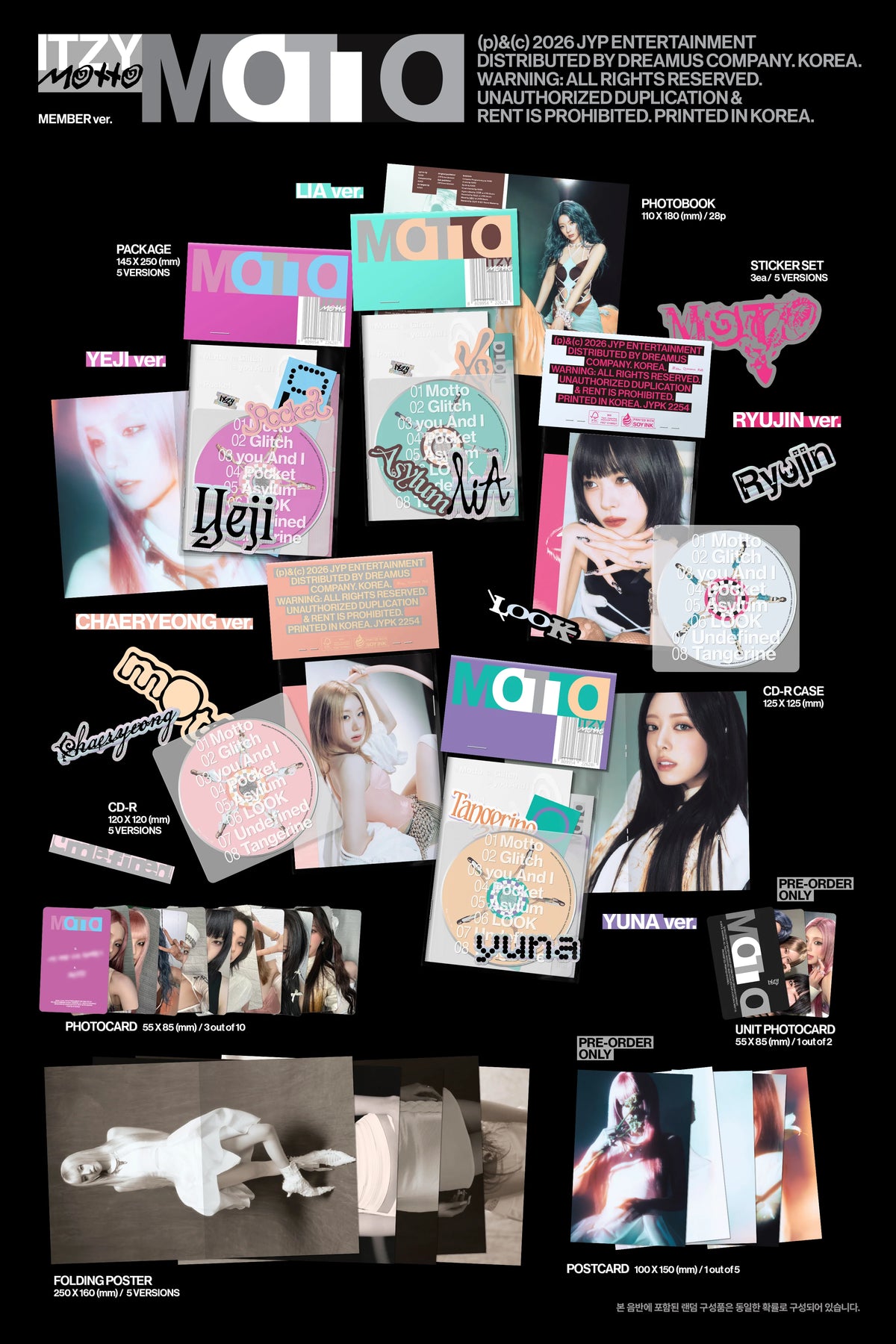 ITZY MOTTO Member Version album inclusions and photocards