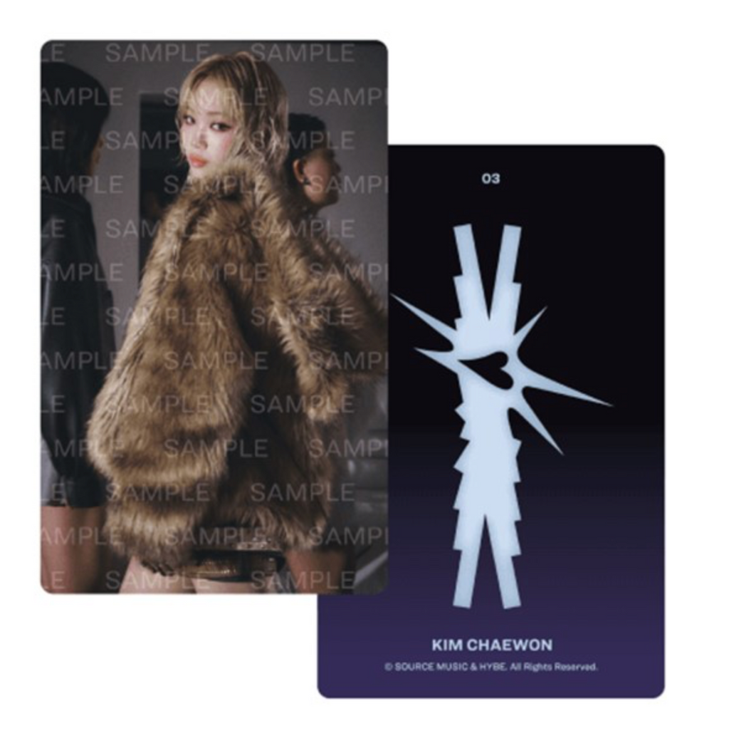 Close-up of LE SSERAFIM CRAZY collectible photocard showing front portrait and purple card back.