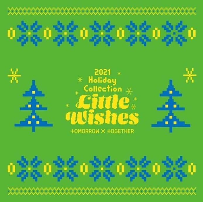 TXT 2021 Holiday Collection Little Wishes green cover artwork with Christmas trees and festive blue and yellow designs.