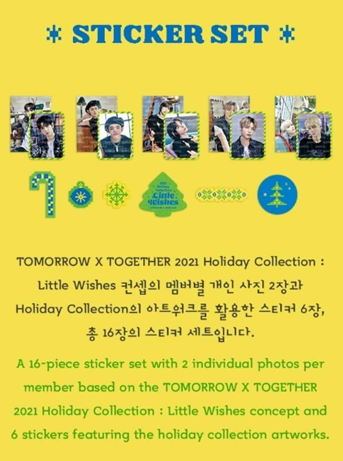 TXT Little Wishes 2021 Holiday Collection sticker set promotional image showing member photo stickers and holiday designs.