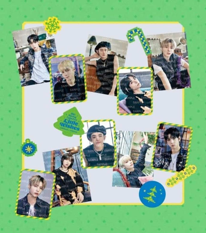TXT Little Wishes official member photo stickers displayed with festive decorative stickers on a green background.