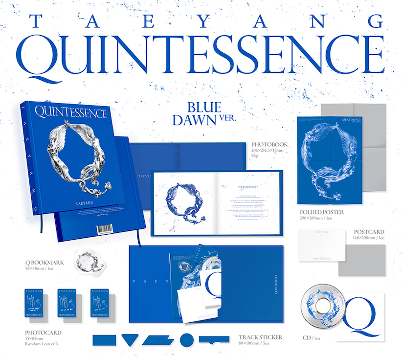 TAEYANG QUINTESSENCE Blue Dawn version official album packaging and included collectible merchandise.