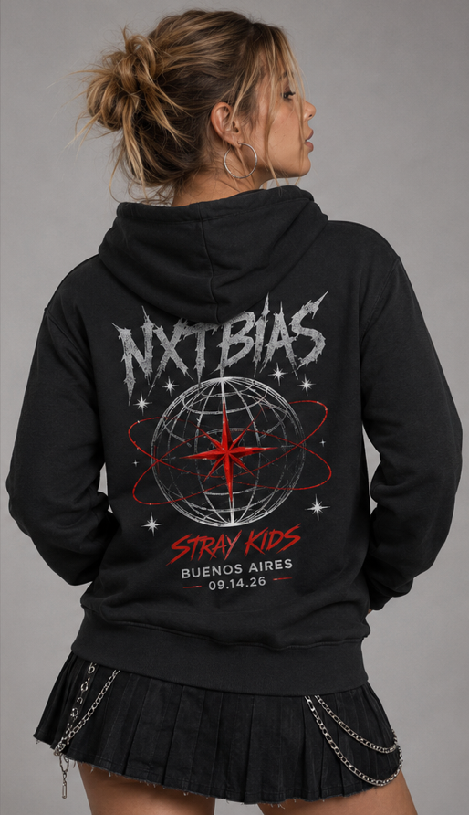 Back view of black Buenos Aires Concert Zip Hoodie featuring large NXTBIAS concert graphic