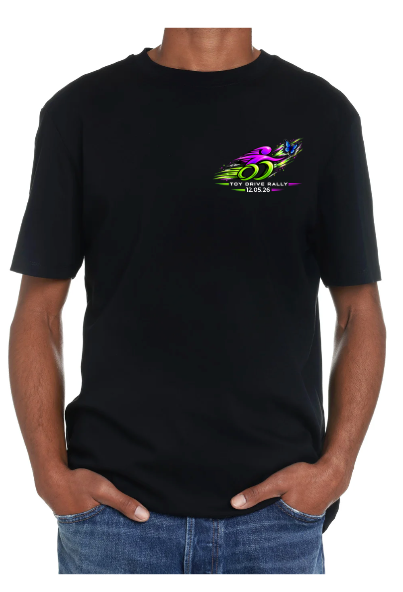 Front view of black Toy Drive Rally 2026 Gildan Heavy Cotton T-shirt featuring a colorful left chest graphic.
