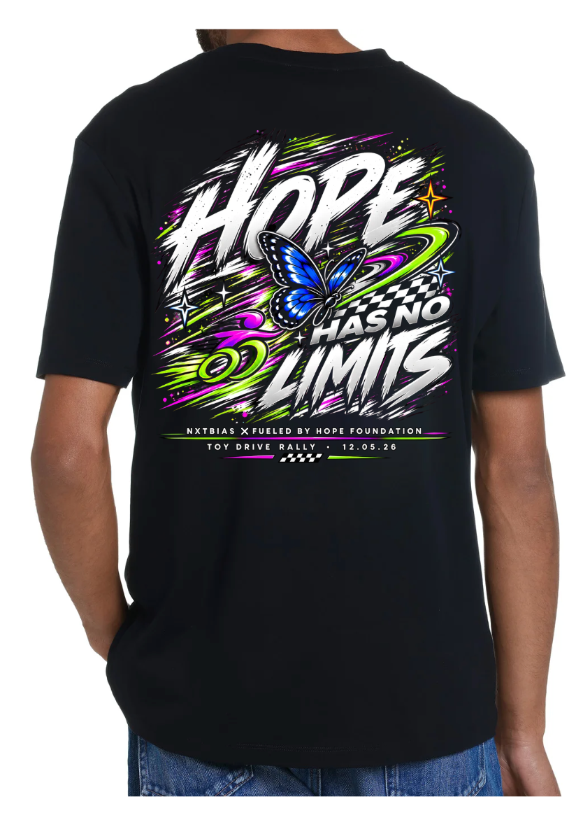Back view of black NXTBIAS x Fueled By Hope Foundation T-shirt featuring the colorful Hope Has No Limits Toy Drive Rally 2026 design.
