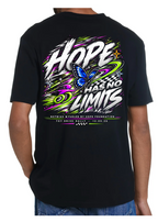 Back view of black NXTBIAS x Fueled By Hope Foundation T-shirt featuring the colorful Hope Has No Limits Toy Drive Rally 2026 design.