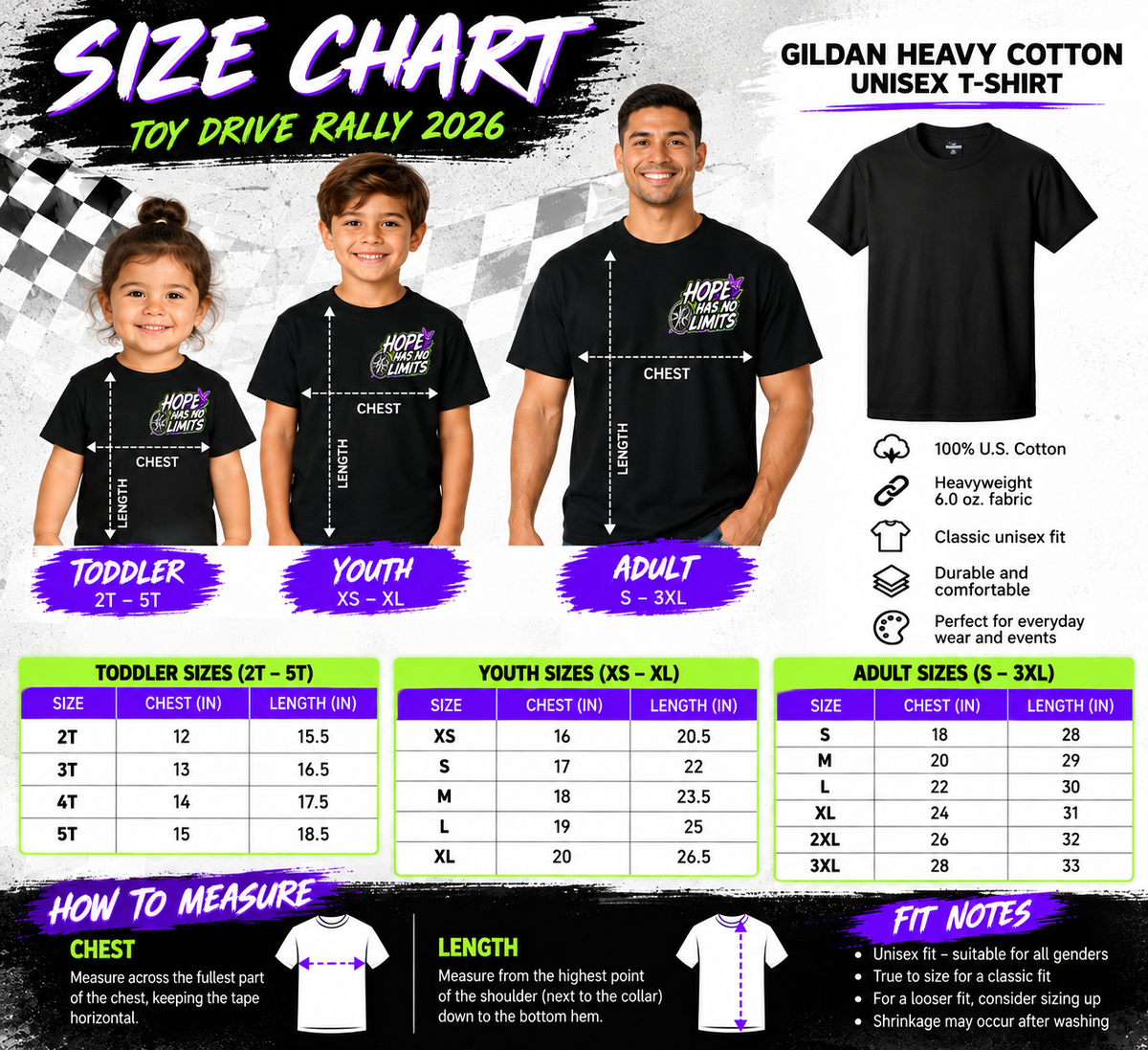 Gildan Heavy Cotton T-shirt size chart for Toy Drive Rally 2026, showing toddler, youth, and adult chest width and length measurements in inches.