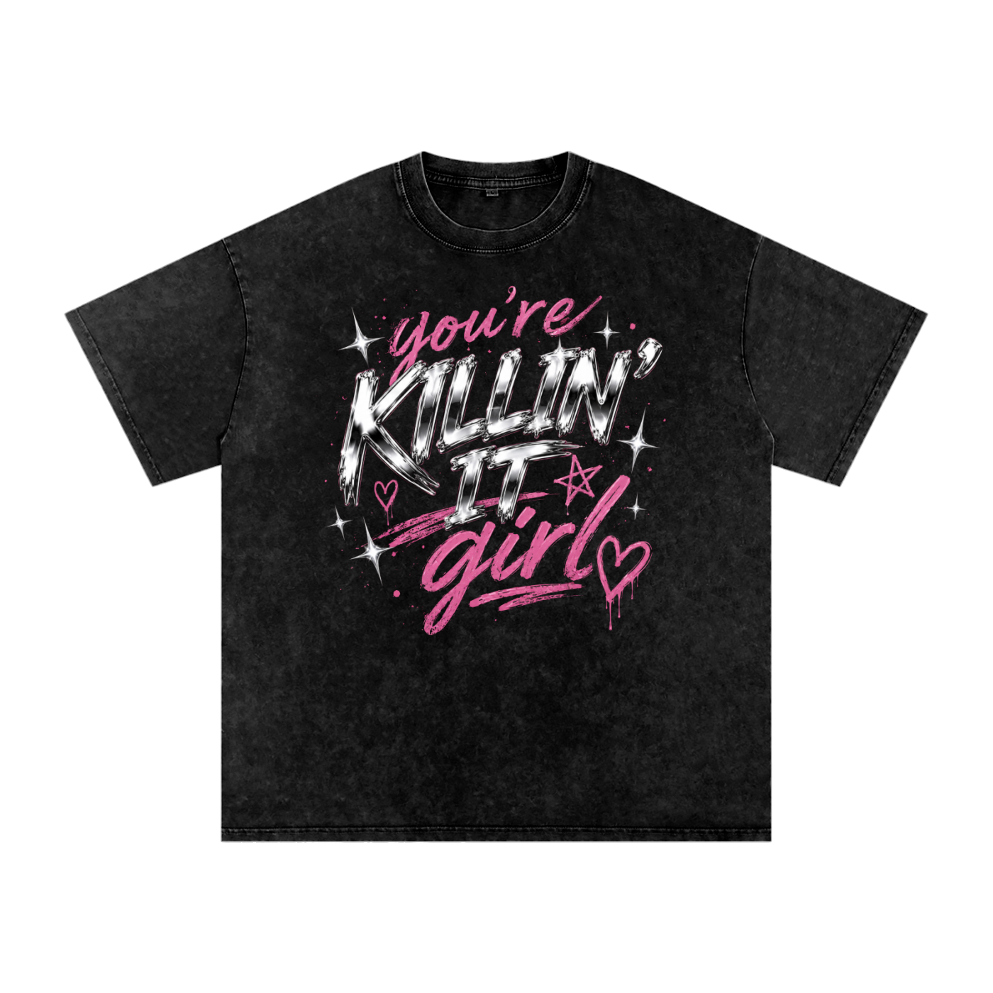 Black You’re Killin’ It Girl oversized graphic tee with pink and chrome front design