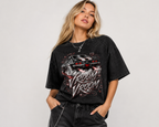 Model wearing Vroom Vroom black snow-washed oversized graphic tee