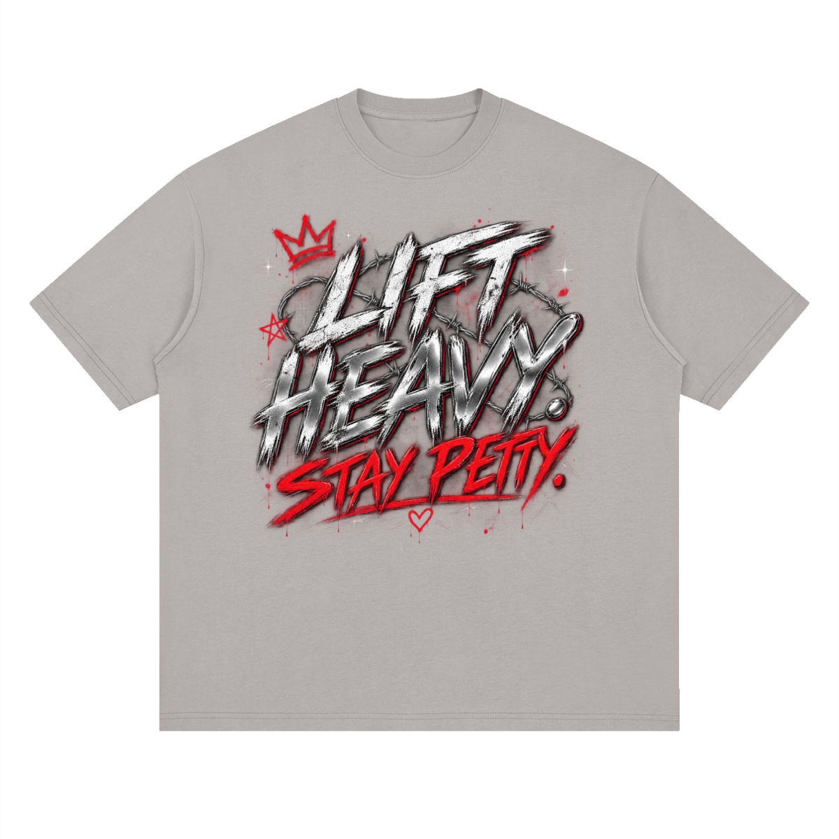 Light gray Lift Heavy Stay Petty oversized graphic tee with chrome white and red grunge typography