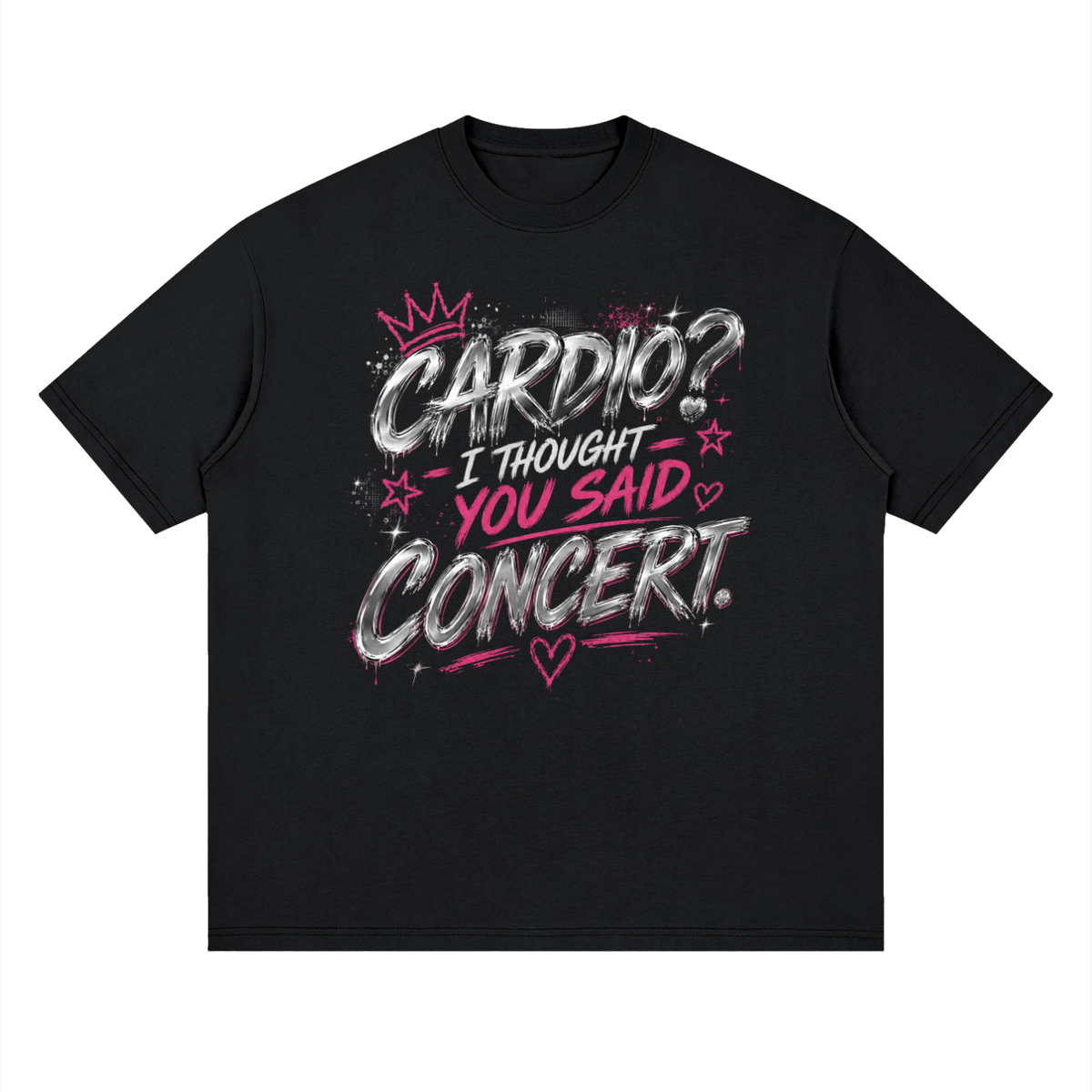 Black Concert Is My Cardio oversized graphic tee with pink and white grunge typography