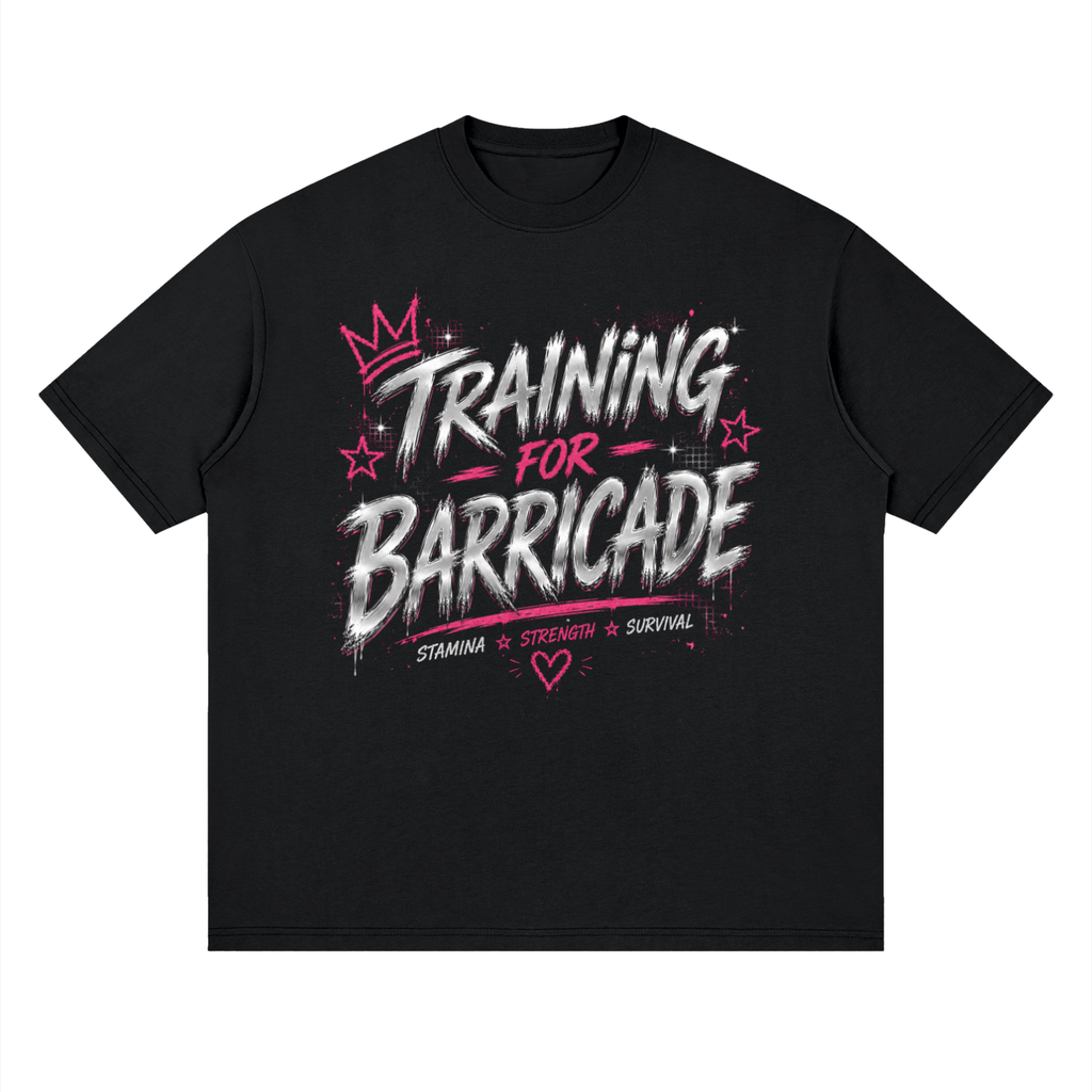 Woman wearing Training for Barricade oversized black graphic tee with pink and chrome grunge design