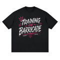 Woman wearing Training for Barricade oversized black graphic tee with pink and chrome grunge design
