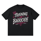 Woman wearing Training for Barricade oversized black graphic tee with pink and chrome grunge design