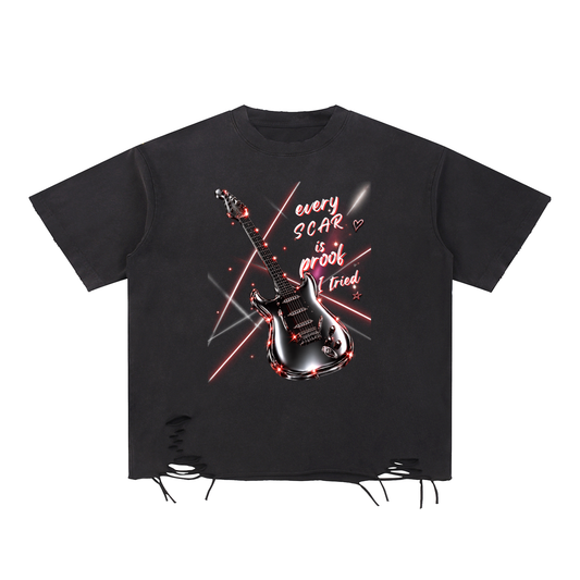 Every Scar Is Proof I Tried | Vintage Chrome Guitar Graphic Tee | Oversized Streetwear Music Shirt | NXTBIAS
