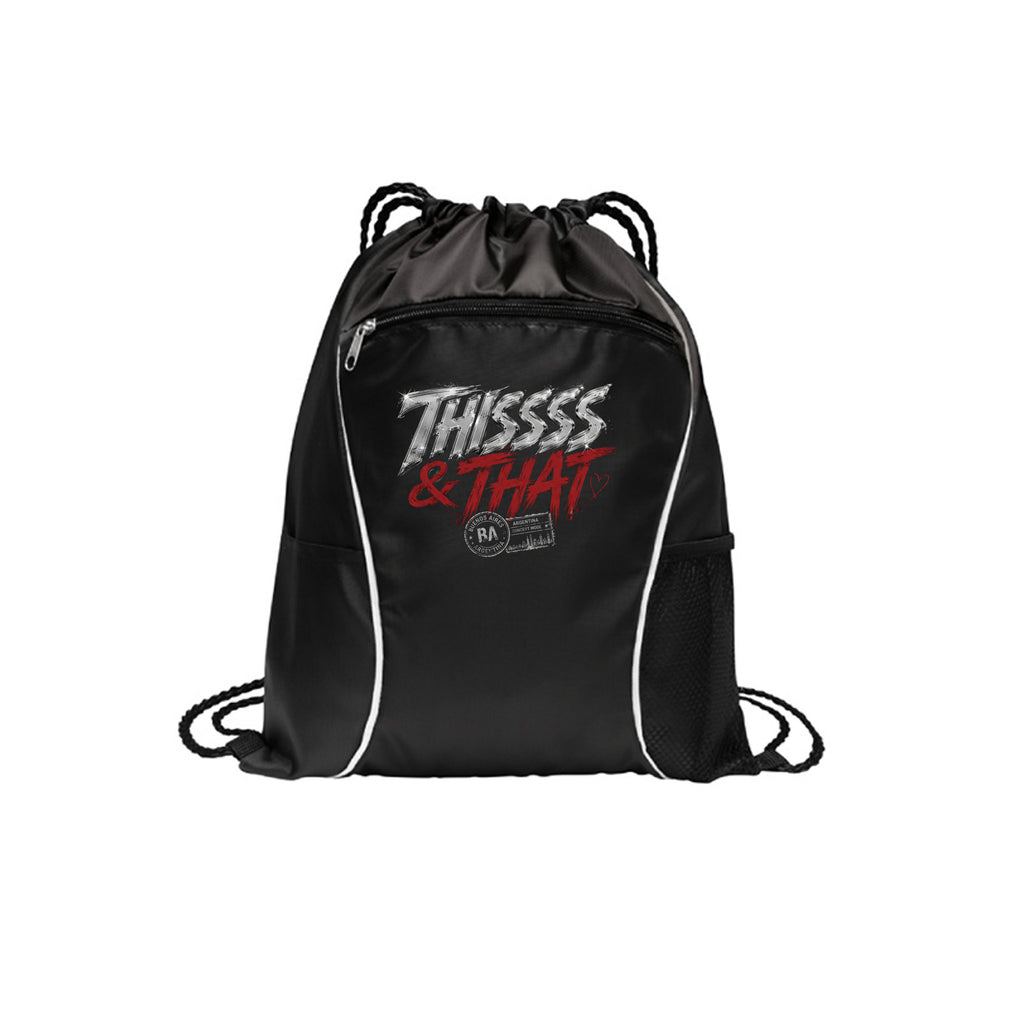 Black Thissss & THAT Argentina drawstring bag with chrome and red concert graphic