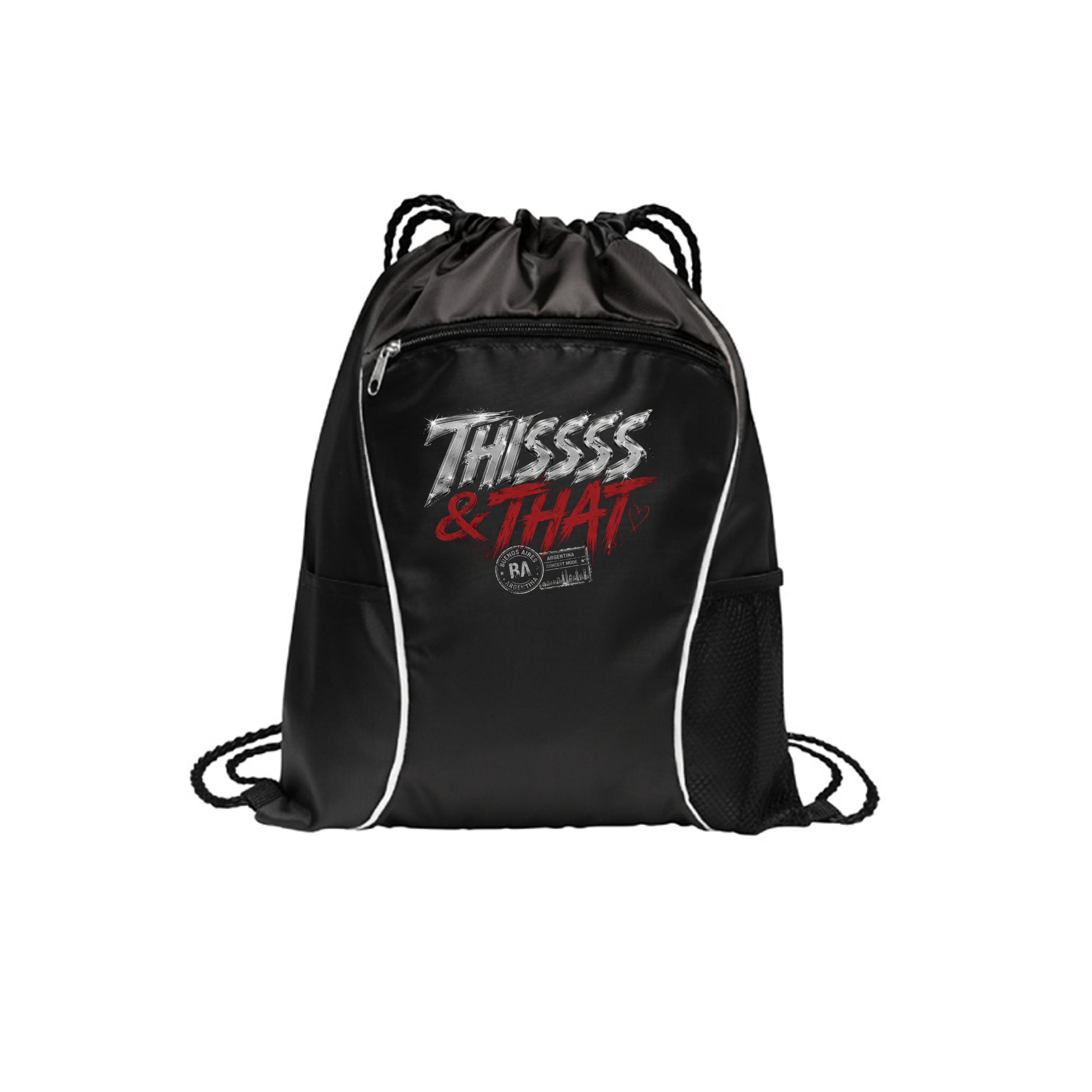 Black Thissss & THAT Argentina drawstring bag with chrome and red concert graphic